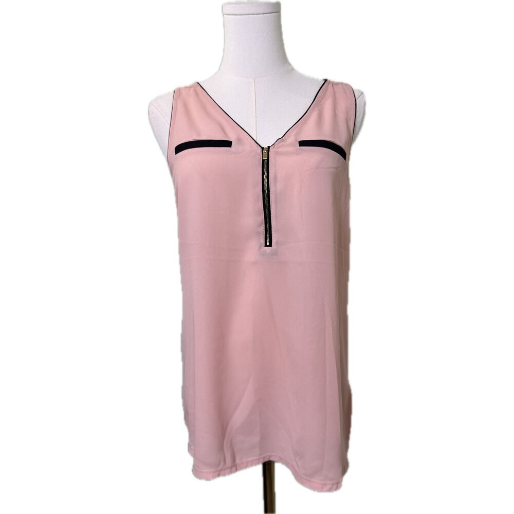 Women's Express V-neck Sleeveless Qtr Zip Blouse Top, Pink Salmon, Size Medium